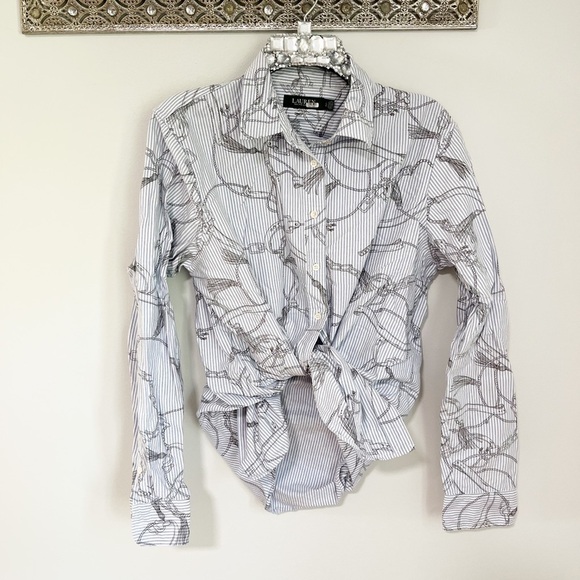 Lauren Ralph Lauren Belt Print Button Down Striped Preppy Blouse Large - Picture 2 of 11